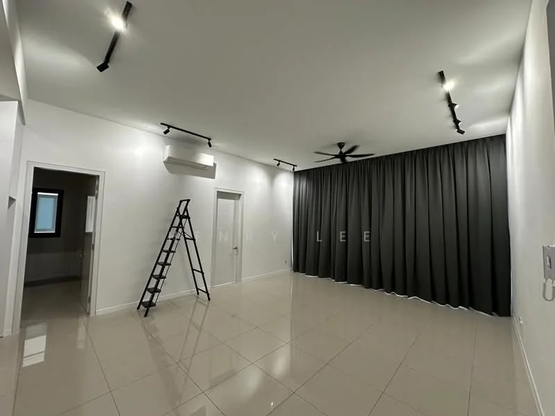 Living features: white painted walls, glossy tile flooring, 5-blade ceiling fan, recessed LED downlights, black curtain, ladder, wall-mounted air conditioning unit, door to adjacent room; style: modern.