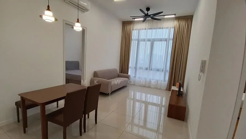 Living features: cream painted walls, white ceiling, marble tile flooring, 5-blade ceiling fan with light, floor-to-ceiling windows, sheer curtains, sofa in light grey, dining table with 4 chairs, TV console, decorative wall unit, air conditioning unit; style: modern; view: city.