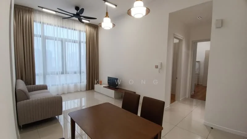 Living features: 3-seater fabric sofa in light grey, coffee table, wall-mounted TV, floor-to-ceiling windows, sheer curtains, dropped ceiling with pendant lights, 5-blade ceiling fan with light, glossy tile flooring, decorative wall, area rug; style: modern; view: city. Dining features: 4-seater dining table, wooden dining chairs; style: modern.