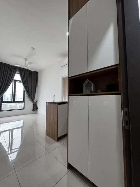 Room features: white painted walls, grey curtains, floor-to-ceiling windows, marble tile flooring, ceiling fan, built-in cabinetry with white doors, kitchen island, open layout; style: modern; view: city.