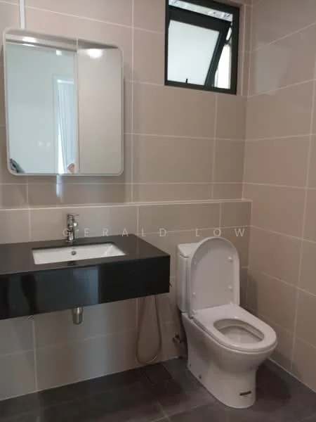 Bathroom features: wall-mounted black vanity with sink, chrome basin mixer faucet, framed mirror, white toilet, grey tile flooring, light grey wall tiles, small window, exposed plumbing; style: modern.