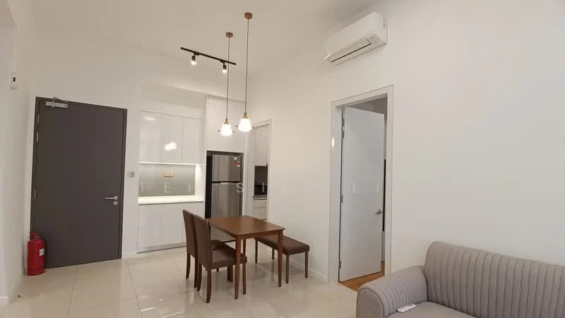 Living features: grey fabric sofa, wooden dining table for 4, 4 brown dining chairs, white painted walls, polished tile flooring, recessed LED downlights, wall-mounted split AC, kitchen area with white cabinetry, stainless-steel fridge, built-in oven, countertop with backsplash; style: modern.