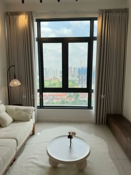 Living features: floor-to-ceiling windows, sheer curtains, light-colored fabric sofa, round coffee table, decorative vase with flowers, wooden console table, area rug, recessed downlights; style: modern; view: city.