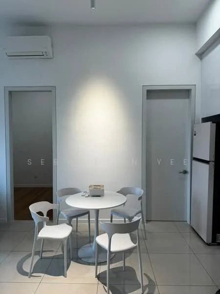 Dining features: round dining table, 4 white dining chairs, white painted walls, tile flooring, 1 wall-mounted split AC, recessed ceiling lights, door leading to another room, fridge; style: modern.