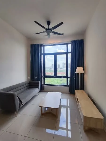 Living features: 3-seater fabric sofa in grey, wooden coffee table, wooden console table, floor-to-ceiling windows, city view, ceiling fan with light, curtains in dark blue, glossy tile flooring, light-colored walls; style: modern; view: city.