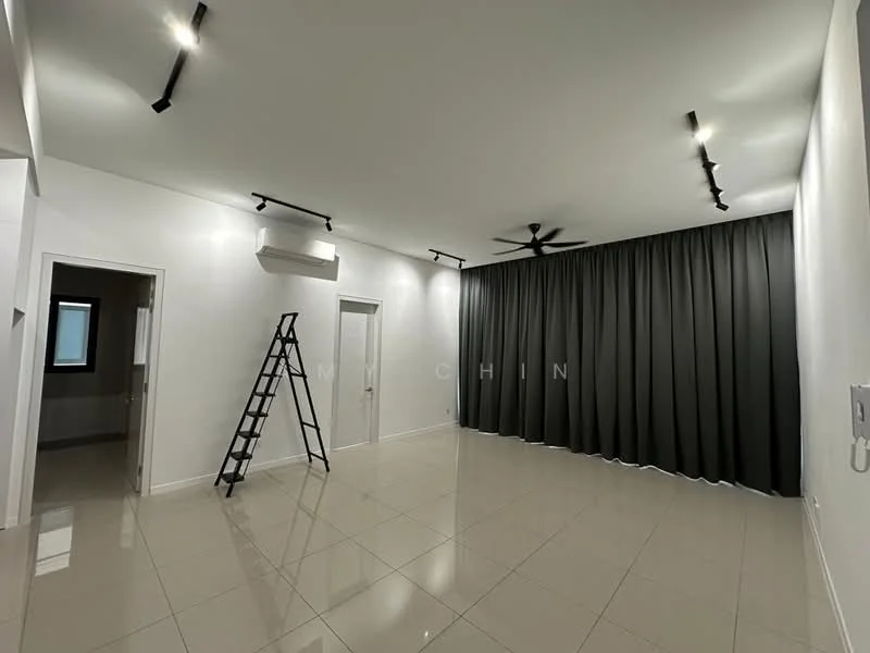 Living features: white painted walls, glossy tile flooring, 5-blade ceiling fan with light, track lighting, black curtain, ladder, wall-mounted air conditioning unit, doorway to adjacent room; style: modern.