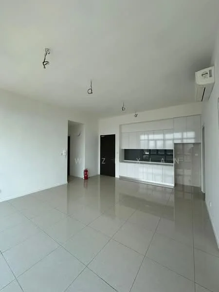 Living features: white painted walls, polished ceramic tile flooring, recessed downlights, wall-mounted split AC, built-in cabinetry with glossy white finish, black feature wall, fire extinguisher, large window with natural light; style: modern.