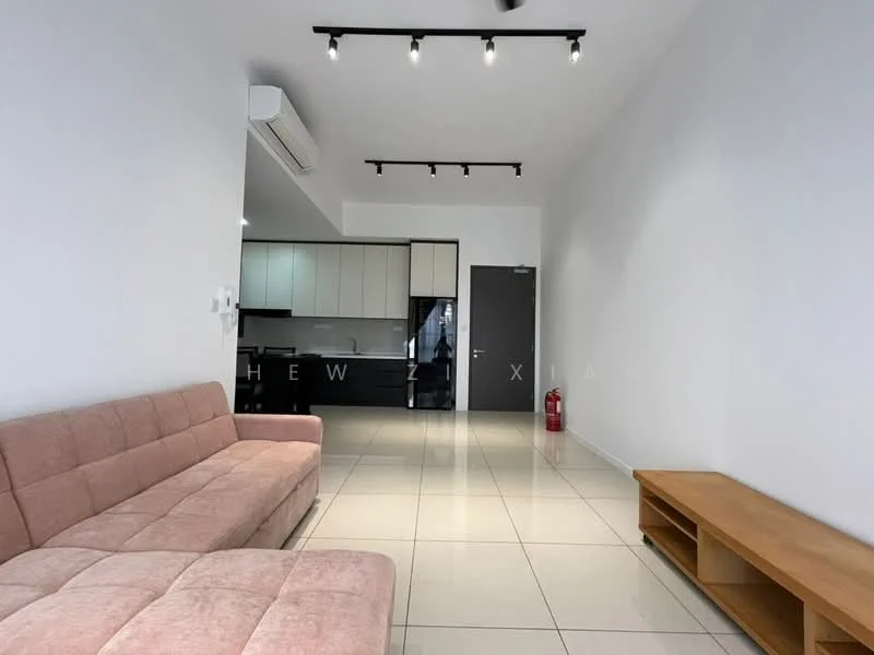 Living features: 3-seater fabric sofa in light pink, wall-mounted TV console in wood, white painted walls, glossy tile flooring, recessed LED downlights, air conditioning unit, open layout to kitchen, fire extinguisher; style: modern. Kitchen features: black cabinetry, white countertop, built-in oven, stainless-steel sink, 4-burner gas hob, refrigerator, tile backsplash; style: modern.