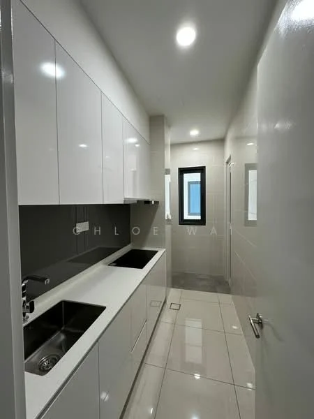 Laundry features: white cabinetry, double-bowl stainless-steel sink, chrome pull-down faucet, white quartz countertop, grey tiled backsplash, white tiled walls, polished ceramic tile flooring, recessed LED downlights, window with black frame, door leading to hallway; style: modern.