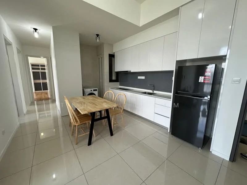 Kitchen features: white cabinetry, black countertop, stainless-steel fridge, built-in oven, ceramic tile flooring, recessed downlights, single-bowl stainless-steel sink, chrome pull-down faucet, dining table with wooden surface, 4 wooden dining chairs, washing machine, grey backsplash; style: modern.