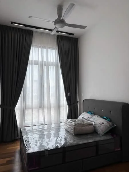 Bedroom features: queen-size bed, upholstered headboard, bedside pillows, floor-to-ceiling windows, sheer curtains, dark grey curtains, wooden flooring, 5-blade ceiling fan with light; style: modern; view: city.