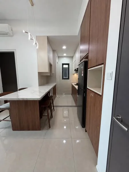 Kitchen features: white marble countertop, wood cabinetry, stainless-steel fridge, built-in oven, 4-burner gas hob, single-bowl stainless-steel sink, chrome pull-down faucet, pendant lighting, tile flooring, wall-mounted split AC, open shelving, breakfast bar with seating; style: modern.
