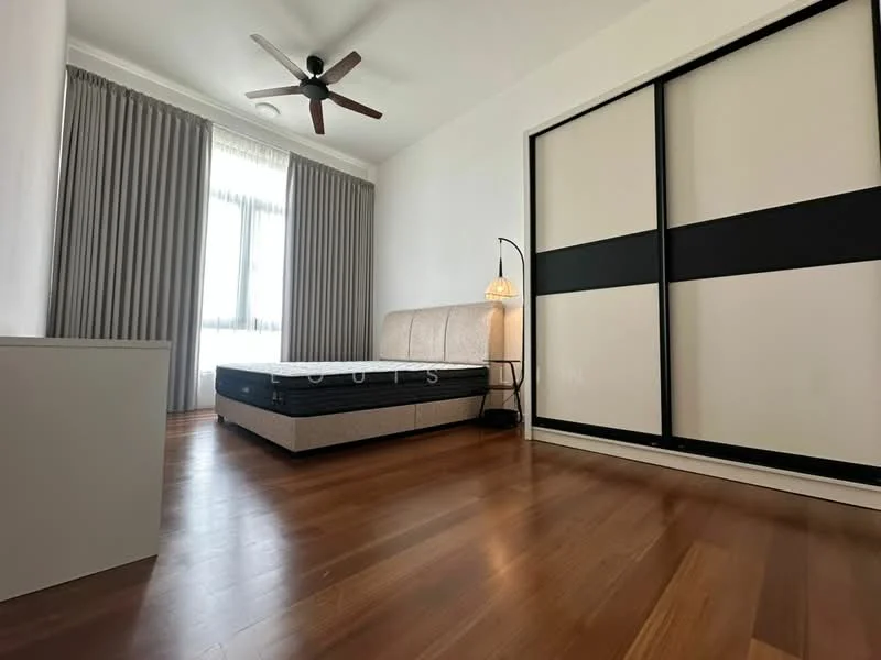 Bedroom features: wooden flooring, white painted walls, floor-to-ceiling windows with sheer curtains, 5-blade ceiling fan with light, upholstered bed frame, black and white sliding wardrobe, bedside lamp, decorative wall art; style: modern.