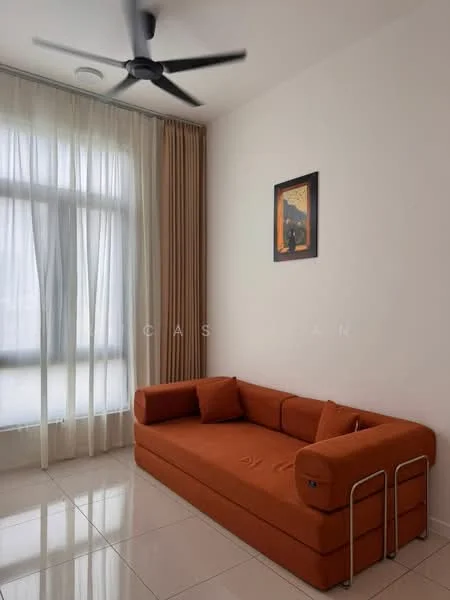 Living features: orange fabric sofa, floor-to-ceiling windows, sheer curtains, white painted walls, glossy tile flooring, ceiling fan, framed artwork on wall; style: modern.