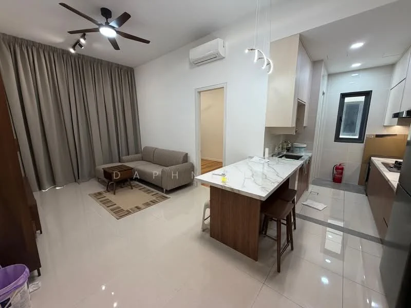 Living features: 3-seater fabric sofa in beige, coffee table, area rug with geometric pattern, ceiling fan with light, wall-mounted air conditioning unit, floor-to-ceiling curtains in grey, marble tile flooring, recessed LED downlights; style: modern. Kitchen features: kitchen island with seating, white cabinetry, stainless-steel sink, built-in oven, stainless-steel range hood, 4-burner gas hob, marble countertop, tile backsplash; style: modern.