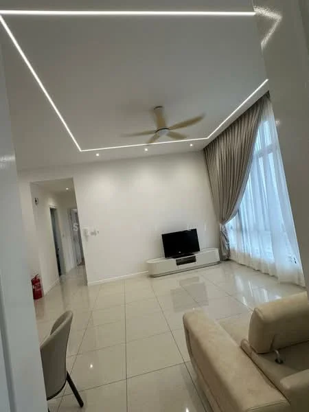 Living features: white painted walls, polished ceramic tile flooring, tray ceiling with recessed lighting, 5-blade ceiling fan, floor-to-ceiling windows with sheer curtains, wall-mounted TV, light-colored sofa, TV console, decorative wall panel, area rug, neutral color palette; style: modern.