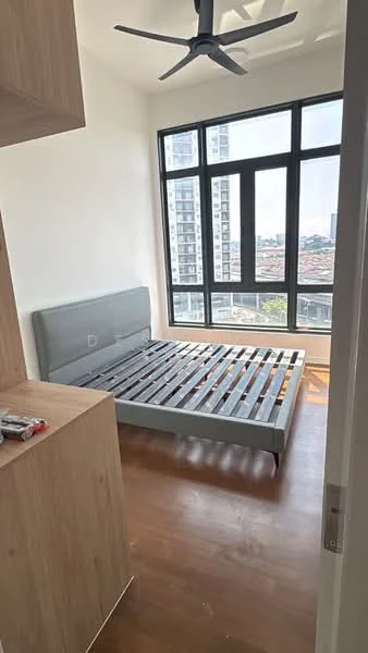 Bedroom features: queen-size bed frame without mattress, wooden flooring, floor-to-ceiling windows, city view, 5-blade ceiling fan, built-in wardrobe, natural light from windows, neutral wall color; style: modern; view: city.