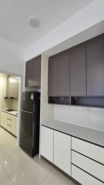 Kitchen features: black refrigerator, white cabinetry, dark brown upper cabinets, grey countertop, ceramic tile flooring, built-in oven, stainless-steel sink, chrome faucet, wall-mounted light fixture, open shelving, modern cabinet handles, tile backsplash; style: modern.