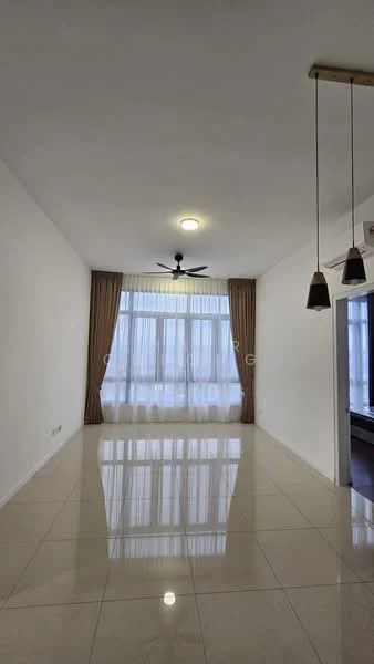 Living features: white painted walls, polished ceramic tile flooring, 5-blade ceiling fan with light, recessed downlights, floor-to-ceiling windows, sheer curtains, curtains in beige, open layout; style: modern.