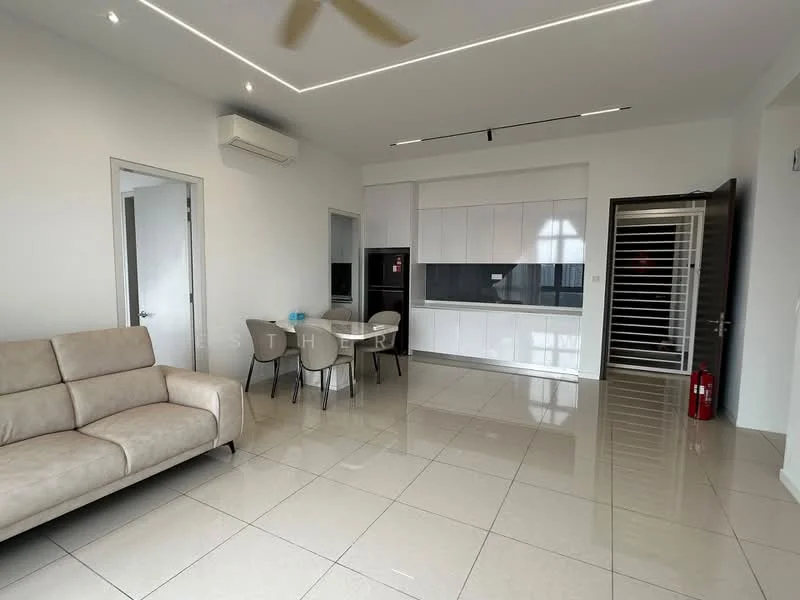 Living features: 3-seater fabric sofa in beige, dining table for 4 with grey chairs, white cabinetry, black countertop, built-in kitchen appliances, wall-mounted split AC, large windows with natural light, glossy tile flooring, recessed LED downlights, ceiling fan, fire extinguisher, open layout; style: modern.