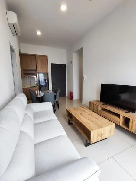 Living features: 3-seater fabric sofa in light grey, wooden coffee table, TV console in wood, wall-mounted TV, recessed LED downlights, floor-to-ceiling windows, cream painted walls, tile flooring, air conditioning unit; style: modern. Kitchen features: wood cabinetry, stainless-steel sink, built-in oven, 4-burner gas hob, microwave, refrigerator, tile backsplash, countertop space; style: modern.