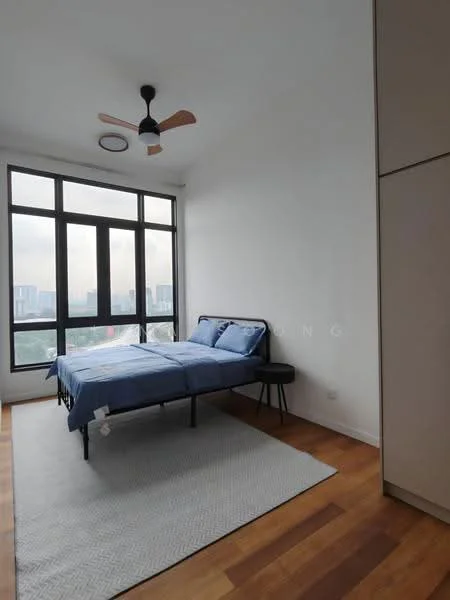 Bedroom features: queen-size bed with blue bedding, wooden flooring, white painted walls, large floor-to-ceiling windows, black bedside table, ceiling fan with wooden blades, area rug with geometric pattern, natural light from windows; style: modern; view: city.