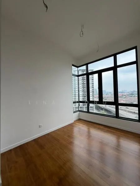 Room features: large floor-to-ceiling windows, wooden flooring, white painted walls, city view, natural light, minimalist design, no visible ceiling fixtures; style: modern; view: city.