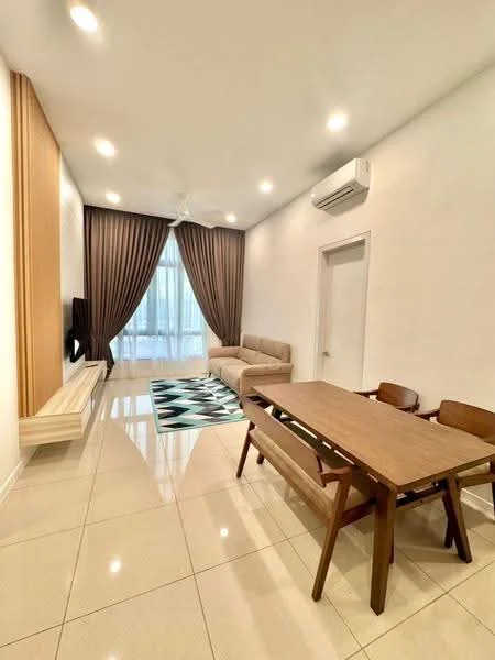 Living features: cream painted walls, glossy tile flooring, 5-blade ceiling fan with light, recessed LED downlights, sofa in beige fabric, coffee table, TV console, wall-mounted TV, area rug with geometric pattern, dining table with 4 chairs, floor-to-ceiling windows with sheer curtains, curtains in dark brown, air conditioning unit; style: modern.