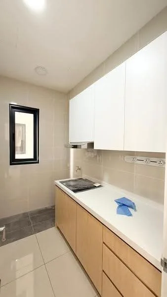 Kitchen features: white upper cabinets, wood lower cabinets, white countertop, built-in stove, single-bowl stainless-steel sink, chrome faucet, grey tiled flooring, wall-mounted electrical outlets, window with black frame; style: modern.