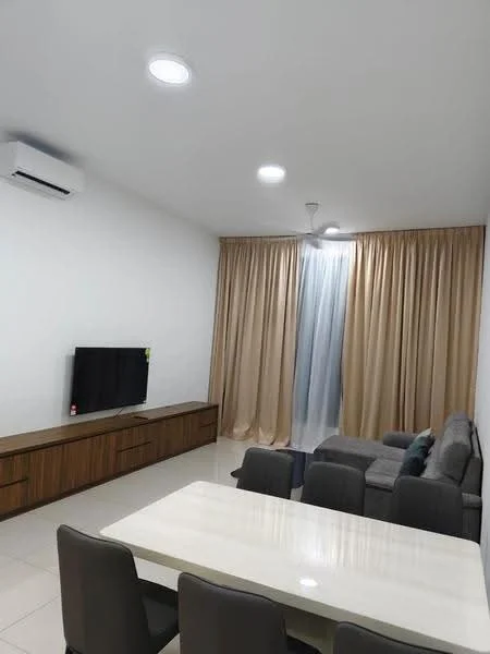 Living features: light grey fabric sofa, wooden TV console, wall-mounted TV, white walls, recessed LED downlights, 5-blade ceiling fan, cream curtains, large window, white tiled flooring, dining table with white top, 4 grey dining chairs, air conditioning unit; style: modern.