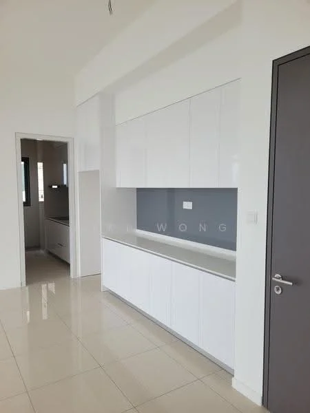 Room features: white cabinetry, grey backsplash, white countertop, glossy finish on cabinets, tile flooring, neutral wall color, built-in storage, single door, window with view, recessed lighting; style: modern.