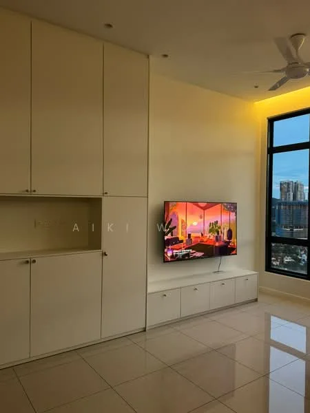 Living features: cream painted walls, glossy tile flooring, built-in cabinetry with white finish, wall-mounted TV, ceiling fan, large window with city view, recessed lighting, TV console with storage; style: modern; view: city.