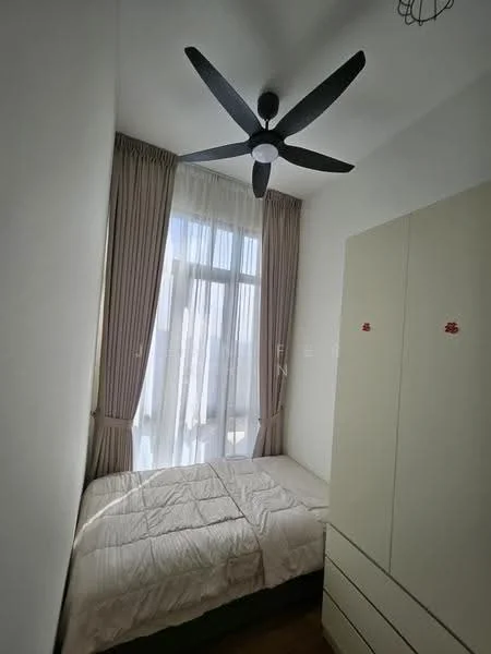 Bedroom features: queen-size bed with white bedding, floor-to-ceiling windows, sheer curtains, black ceiling fan with 5 blades, light wood flooring, built-in wardrobe with sliding doors, white painted walls, decorative light fixture; style: modern; view: city.