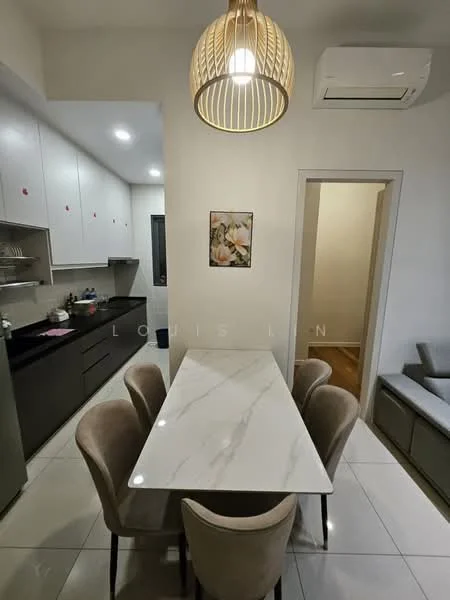 Dining features: marble dining table, 6 upholstered dining chairs, white painted walls, recessed downlights, wall-mounted split AC, framed artwork, kitchen cabinetry in dark grey, floor tiles, doorway to hallway; style: modern.