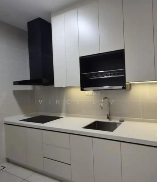 Kitchen features: white cabinetry, black range hood, double-bowl stainless-steel sink, chrome pull-down faucet, white quartz countertop, tile backsplash, under-cabinet lighting, built-in oven, kitchen cabinet with open shelf; style: modern.