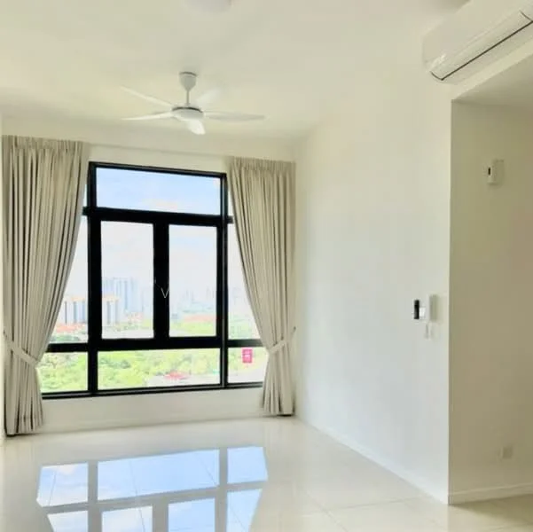 Living features: floor-to-ceiling windows, white painted walls, glossy tile flooring, 5-blade ceiling fan, curtains, air conditioning unit, city view; style: modern; view: city.