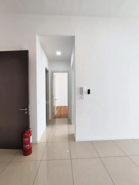 Room features: white painted walls, glossy ceramic tile flooring, wooden door, fire extinguisher, recessed downlights, door frame, hallway with multiple doorways; style: modern.