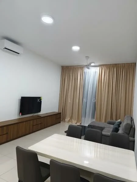 Living features: wall-mounted TV, wooden TV console, 3-seater fabric sofa in grey, ceiling fan, recessed LED downlights, large window with sheer curtains, cream curtains, white painted walls, tile flooring, dining table with 4 chairs; style: modern.