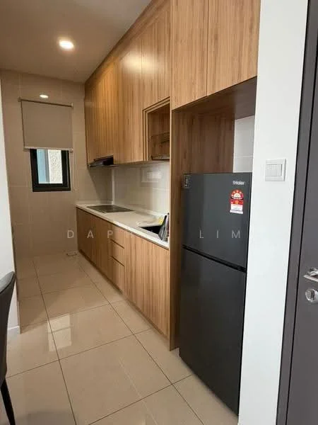 Kitchen features: wood cabinetry, white countertop, stainless-steel sink, chrome pull-down faucet, built-in oven, fridge, ceramic tile flooring, wall-mounted range hood, window with roller blinds, light-colored backsplash, recessed downlights; style: modern.