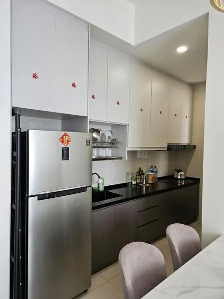 Kitchen features: stainless-steel fridge, black countertop, white upper cabinets, dark lower cabinets, built-in sink, wall-mounted shelves, ceramic tile flooring, recessed downlights; style: modern.