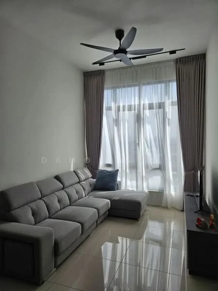 Living features: 3-seater fabric sofa in grey, L-shape sectional sofa, floor-to-ceiling windows, sheer curtains, light-coloured wall, glossy tile flooring, ceiling fan, TV console, wall-mounted TV, decorative items on console; style: modern; view: city.