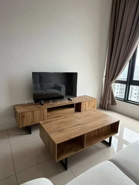 Living features: light grey fabric sofa, wooden coffee table with open shelving, wooden TV console with open shelving, wall-mounted flat-screen TV, floor-to-ceiling windows, sheer curtains, cream tiled flooring, neutral wall colour; style: modern; view: city.