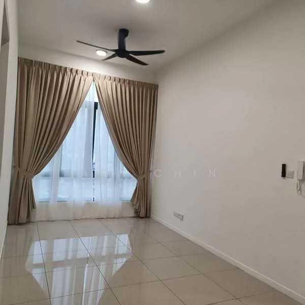 Room features: white painted walls, glossy ceramic tile flooring, 5-blade ceiling fan with light, floor-to-ceiling windows, sheer curtains, heavy drapes, wall-mounted electrical outlets; style: modern.