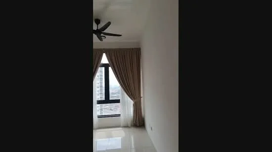 Room features: white painted walls, glossy tile flooring, 5-blade ceiling fan, floor-to-ceiling window, sheer curtains, curtains in beige, city view; view: city.