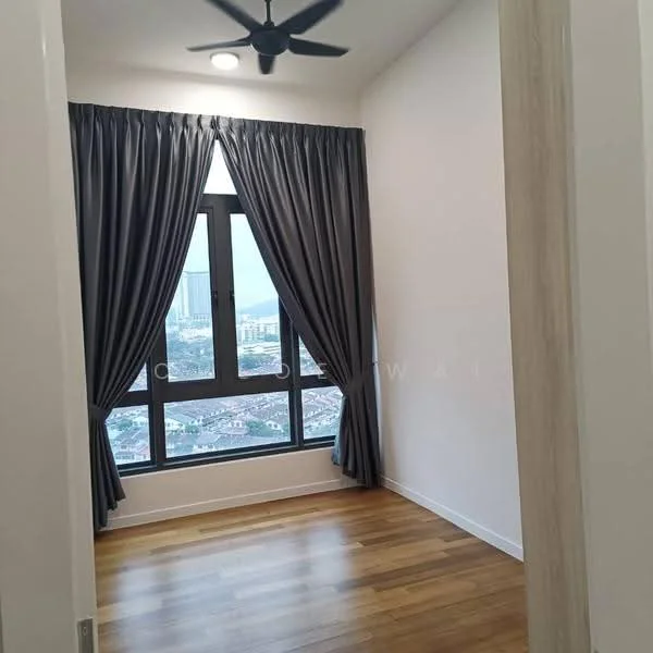 Room features: floor-to-ceiling windows, blackout curtains, wooden flooring, ceiling fan, white painted walls, city view; style: modern; view: city.