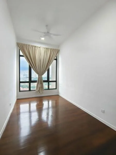 Bedroom features: wooden flooring, white painted walls, floor-to-ceiling windows, sheer curtains, ceiling fan, city view; style: modern; view: city.