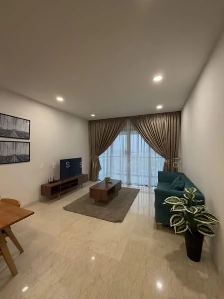 Living features: cream painted walls, marble flooring, sofa in teal, wood coffee table, TV console, wall-mounted TV, area rug, curtains in brown, floor-to-ceiling windows, indoor plant in pot, decorative wall art; style: modern.