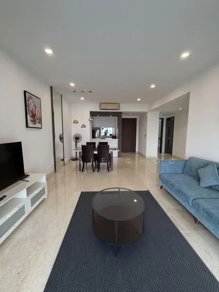 Living features: 3-seater fabric sofa in blue, coffee table with glass top, TV console in white, wall-mounted TV, area rug with geometric pattern, recessed downlights, marble flooring, decorative artwork on wall, ceiling fan; style: modern. Dining features: 4-seater dining table, dining chairs in dark wood, open layout to kitchen, marble flooring; style: modern.