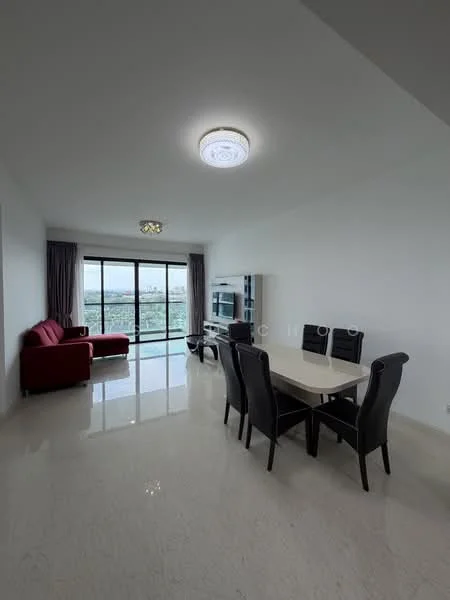 Living features: red fabric sofa, 4-seater dining table, black dining chairs, glass console table, floor-to-ceiling windows, city view, polished marble flooring, recessed ceiling light; style: modern; view: city.