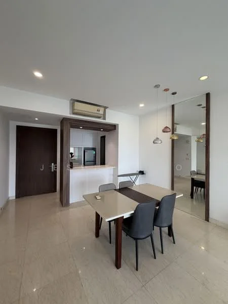Dining features: 4-seater dining table, black upholstered dining chairs, marble tile flooring, recessed downlights, mirror wall, kitchenette with countertop, built-in cabinetry, air conditioning unit; style: modern. Room features: white painted walls, open layout, sliding door to entrance, kitchen appliances visible.